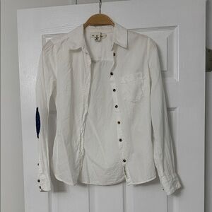White Button-Up Shirt with Blue Elbow Patch